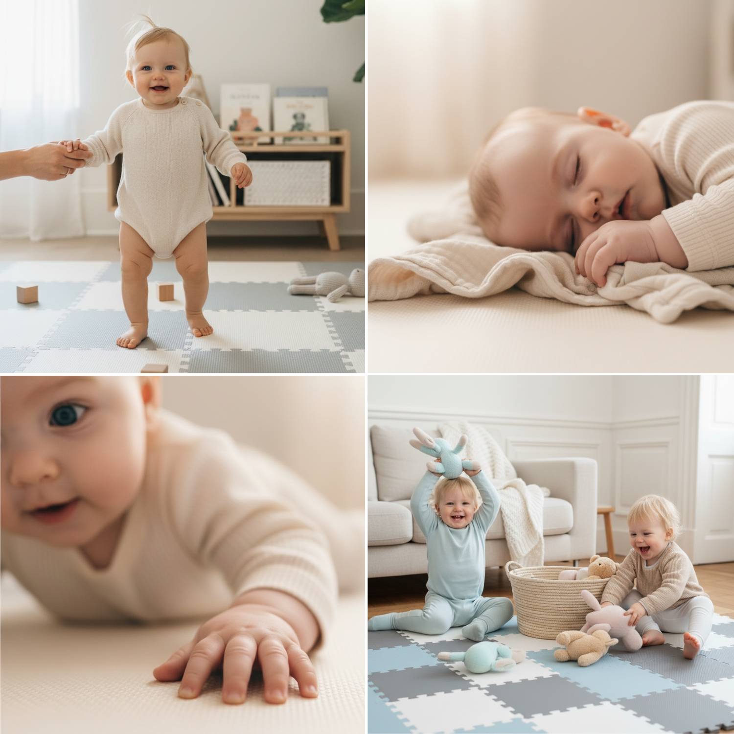 Eine Reihe von Bildern von kleinen Kindern, die auf weichen Matten in einem gemütlichen, lichtdurchfluteten Raum mit minimaler Einrichtung spielen und friedlich ruhen.