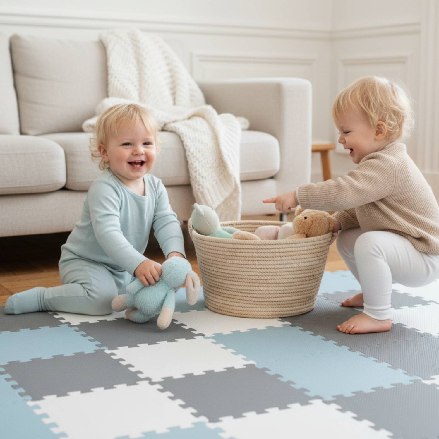 Zwei Kleinkinder spielen fröhlich mit Spielzeugen auf einer weichen Matte in einem gemütlichen Wohnzimmer und unterstreichen dabei eine freudvolle und sichere Spielumgebung.