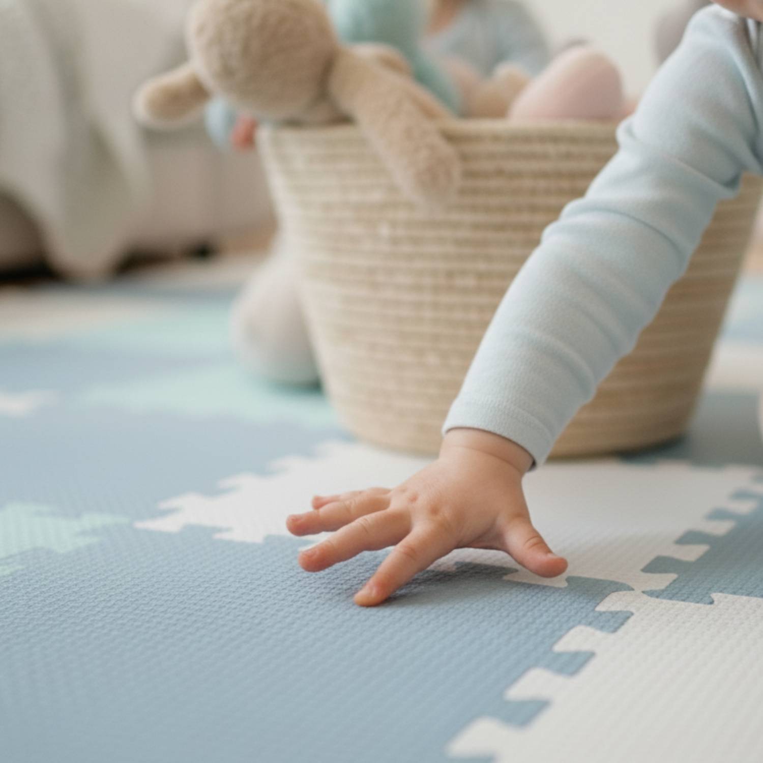 Ein Baby, das nach einem Plüschteddy mit einem blauen Ärmel greift. Der Hintergrund zeigt einen Korb mit Spielzeug und einen unscharfen Innenraum.