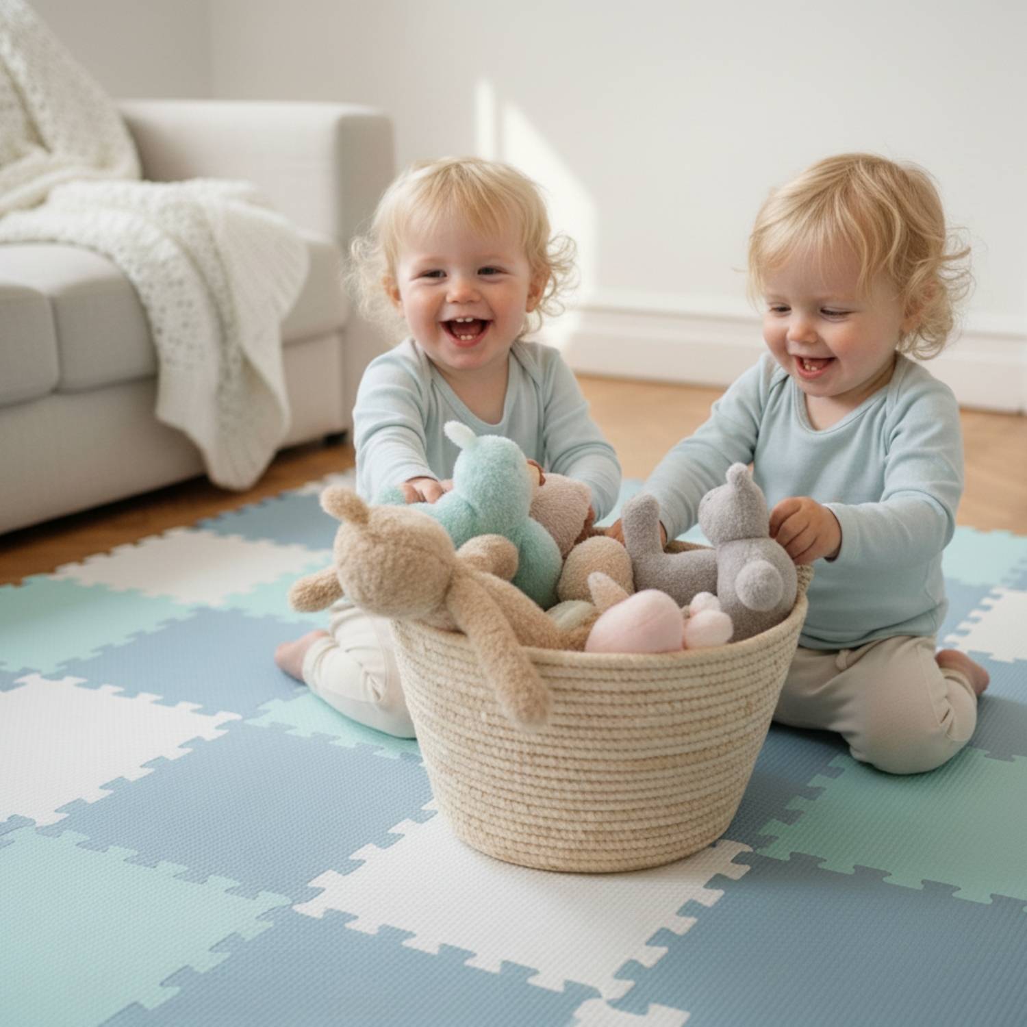 Zwei Kleinkinder sitzen auf einer Spielmatte und spielen fröhlich mit Plüschtieren aus einem Korb. Ein Sofa befindet sich im Hintergrund.