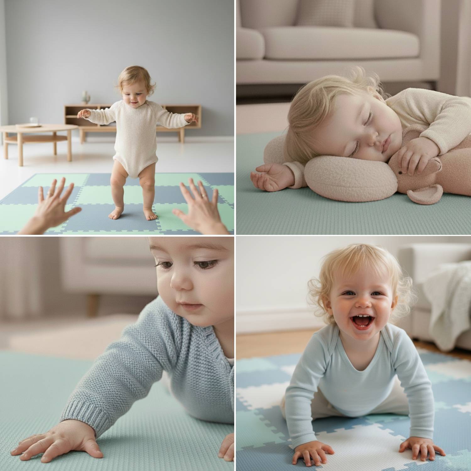 Ein Baby, das sich ausgestreckten Händen nähert, ein Baby, das auf einer Matte schläft, eine Nahaufnahme eines kriechenden Babys und ein Baby, das auf einer Matte lächelt.