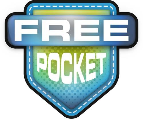 Das Bild zeigt ein farbenfrohes Taschendesign mit den Worten 'FREE POCKET' in fetter weißer Schrift, was auf eine Promotion oder ein Angebot hindeutet.