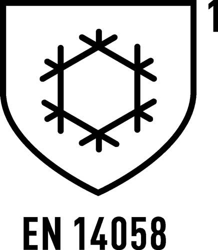 Ein Schutzsymbol mit einer Schneeflocke im Inneren, gekennzeichnet mit 'EN 14058', das die Konformität mit europäischen Schutzkleidungsstandards für Kälteschutz anzeigt.