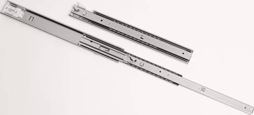 Zwei Metallauszüge, parallel nebeneinander vor einem einfarbigen Hintergrund platziert, die ihr Design und ihre Mechanismen für Gleitfunktionalität präsentieren.
