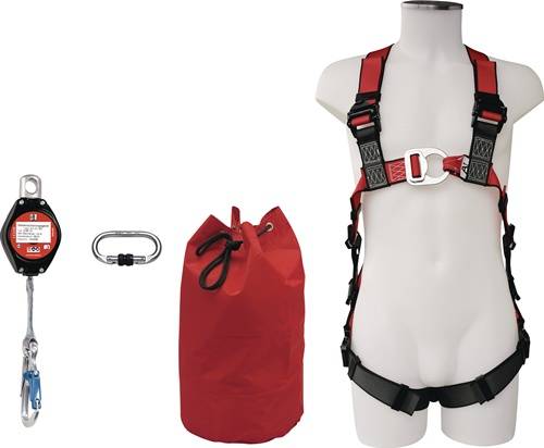 Sicherheitsgeschirr-Set mit rotem Geschirr, Karabiner und roter Aufbewahrungstasche, an einem Mannequin-Torso gezeigt, für Absturzsicherung.