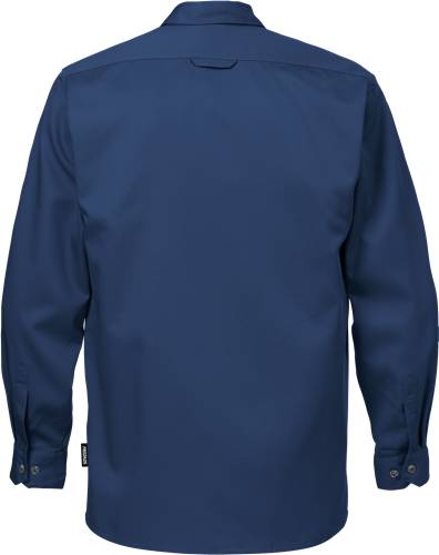 Blau-meliertes Langarmshirt von hinten gezeigt, mit lockerer Passform und zugeknöpften Manschetten, geeignet für casual oder elegante Anlässe.