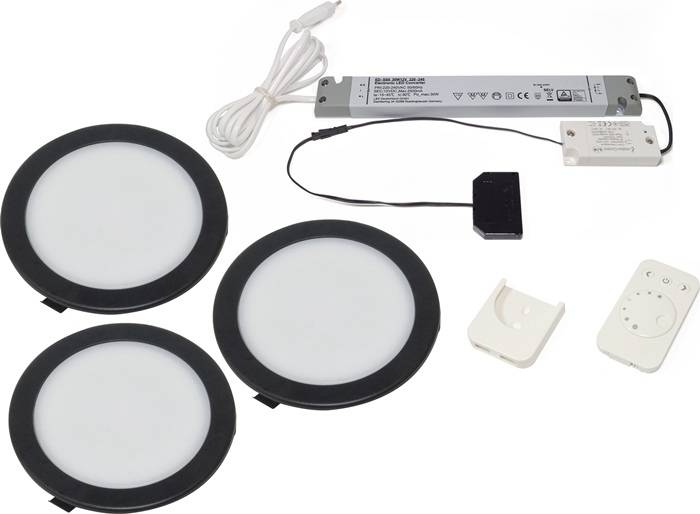 Drei kreisförmige LED-Leuchten mit Netzteil, Anschlusskabeln und Montageklammern.