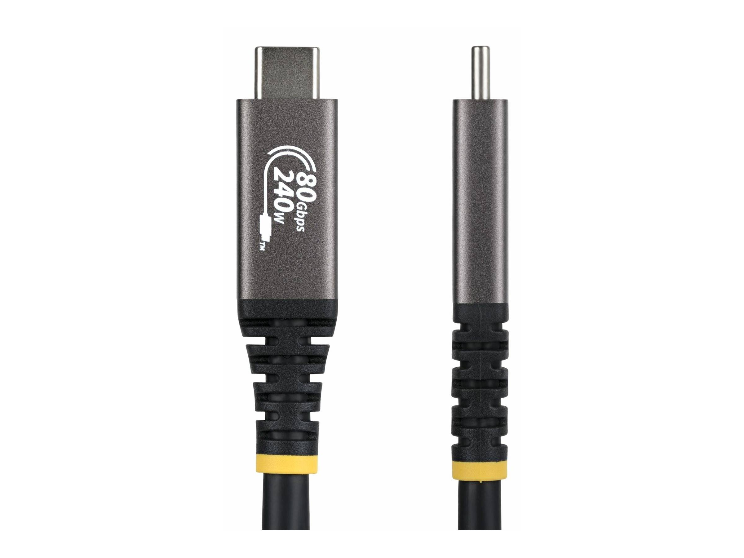 Zwei USB-Kabel: eines mit der Markierung '240W 80Gbps', was hohe Leistung und Datenübertragung anzeigt, und ein kleinerer Anschluss nebeneinander.