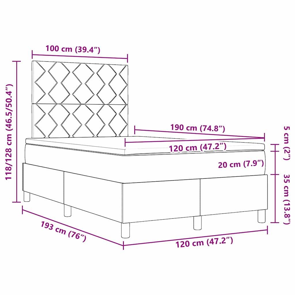 Bettdiagramm mit Abmessungen: Höhe 118/128 cm (46,5/50,4 Zoll), Breite 100 cm (39,4 Zoll), Tiefe 193 cm (76 Zoll).