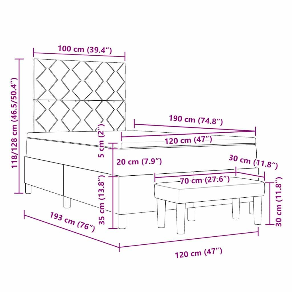 Linienzeichnung eines Bettes mit Maßen: Höhe 118/128 cm, Länge 190 cm, Breite 120 cm. Kopfteil 46,5/50,4", Betthöhe 13,8"", Bank 47"".