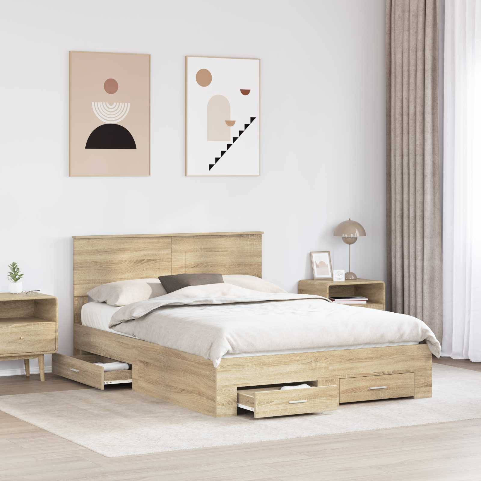 Ein modernes Schlafzimmer mit einem Holzbettgestell mit integrierten Schubladen, weißer Bettwäsche, einem Nachttisch und minimalistischer Kunst an der Wand.