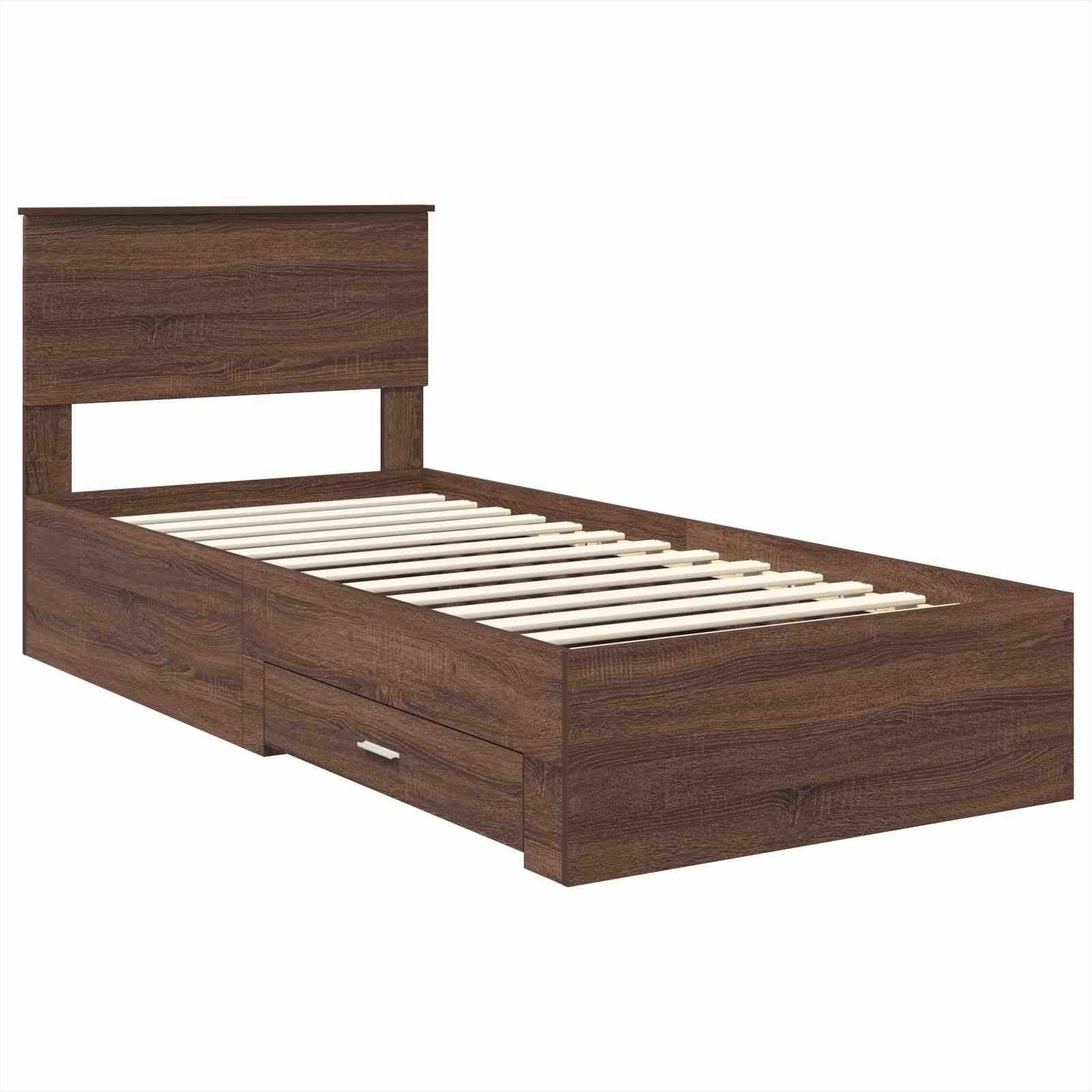 Ein Holz-Einzelbettrahmen mit Kopfteil, zwei Schubladen darunter zur Aufbewahrung und einer Lattenrost-Basis.