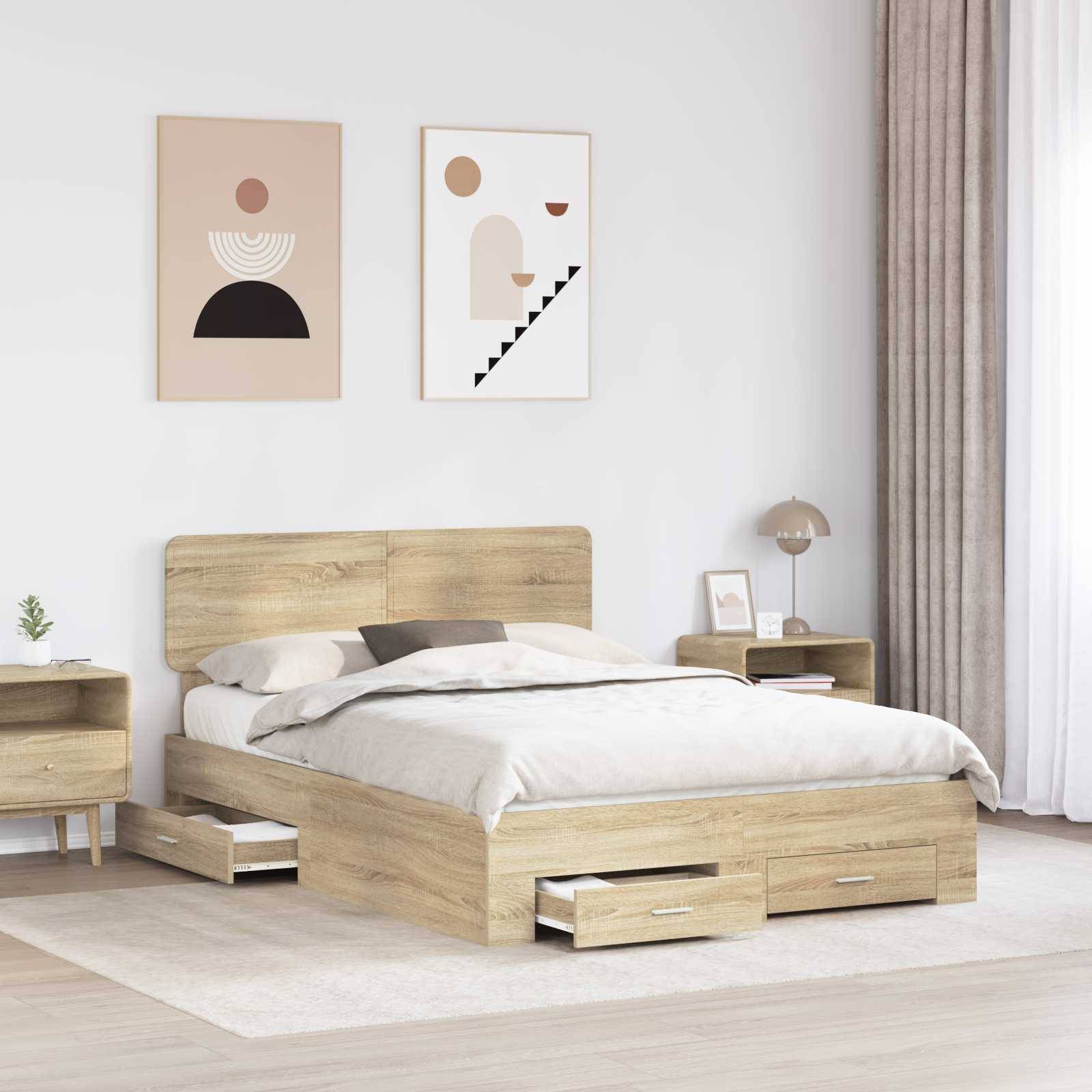 Ein modernes Schlafzimmer zeigt ein Holzbett mit Aufbewahrungsschubladen, Nachttischen, Lampen und abstrakter Kunst an der Wand, was eine gemütliche Atmosphäre schafft.