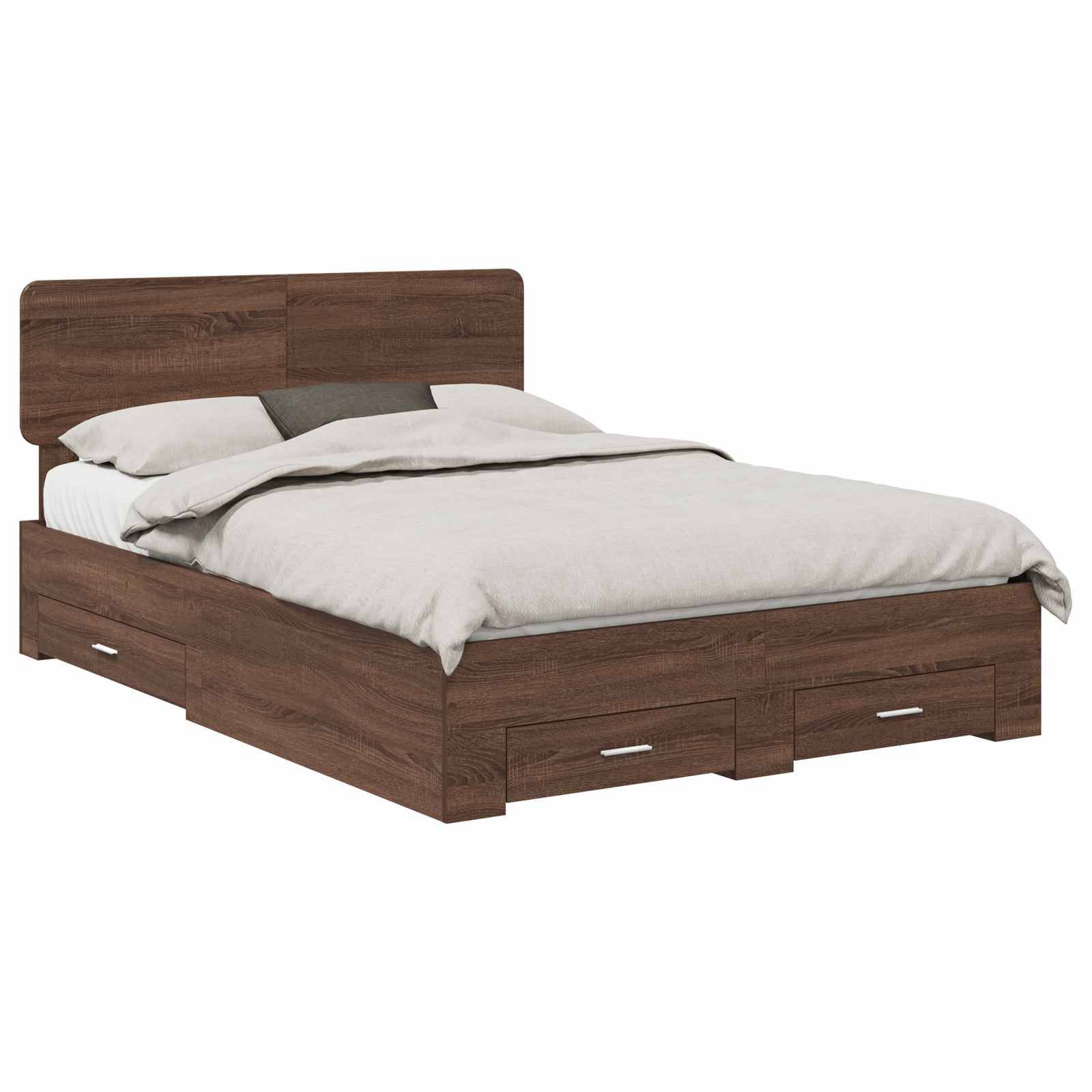 Ein Holzbett mit hohem Kopfteil, ausgestattet mit hellgefärbter Bettwäsche und drei Schubladen in der Basis zur Aufbewahrung.