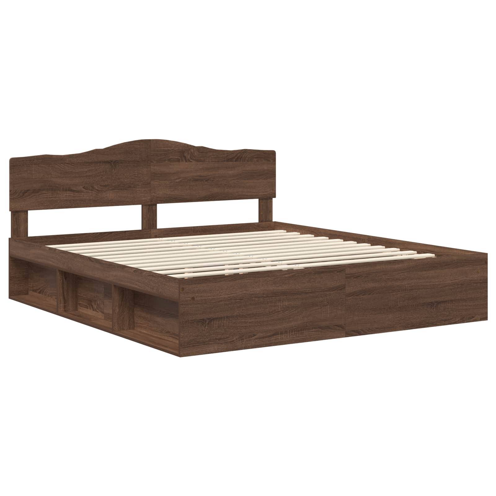 Holzbett-Rahmen mit einem hohen Kopfteil und integrierten Staurageschubladen an beiden Seiten, in einem modernen, minimalistischen Design.