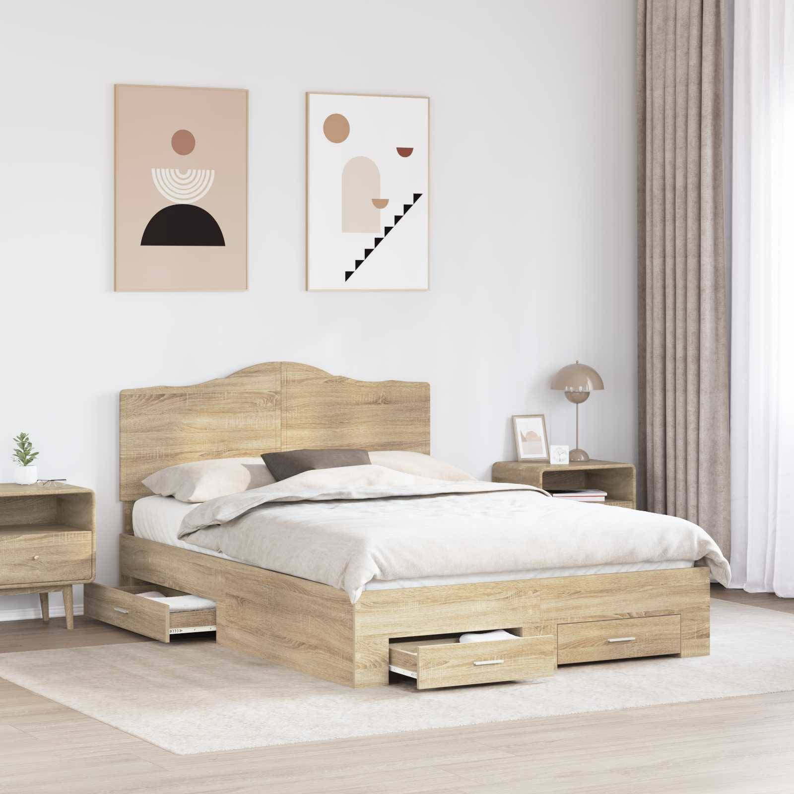 Schlafzimmer mit einem Holzbett mit Aufbewahrungsschubladen, einem Nachttisch, einer modernen Lampe und zwei abstrakten Kunstwerken an der Wand.
