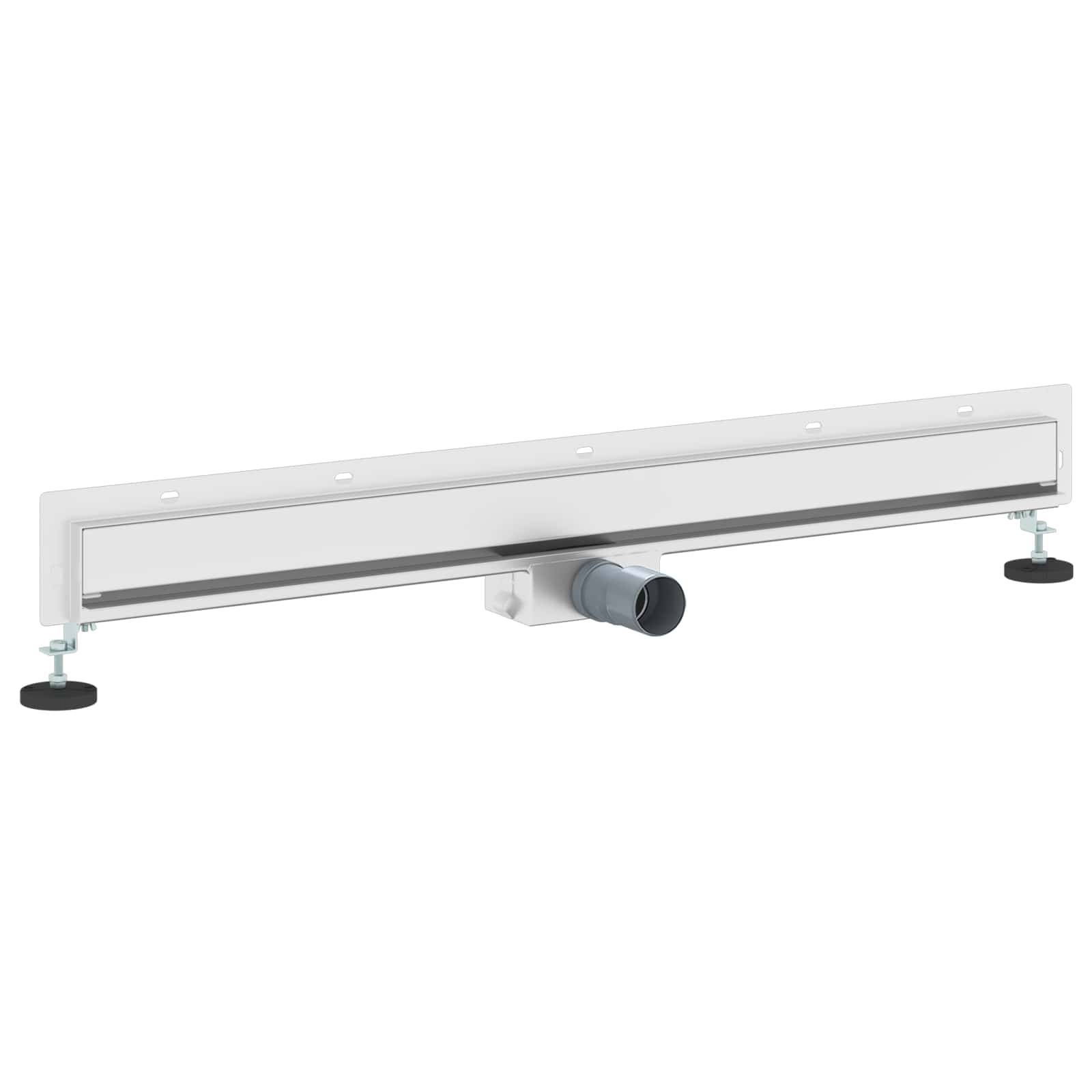 Eine lineare Duschrinne mit länglichem rechteckigen Design in Silberfinish, höhenverstellbaren Beinen und einem Anschlussauslass.