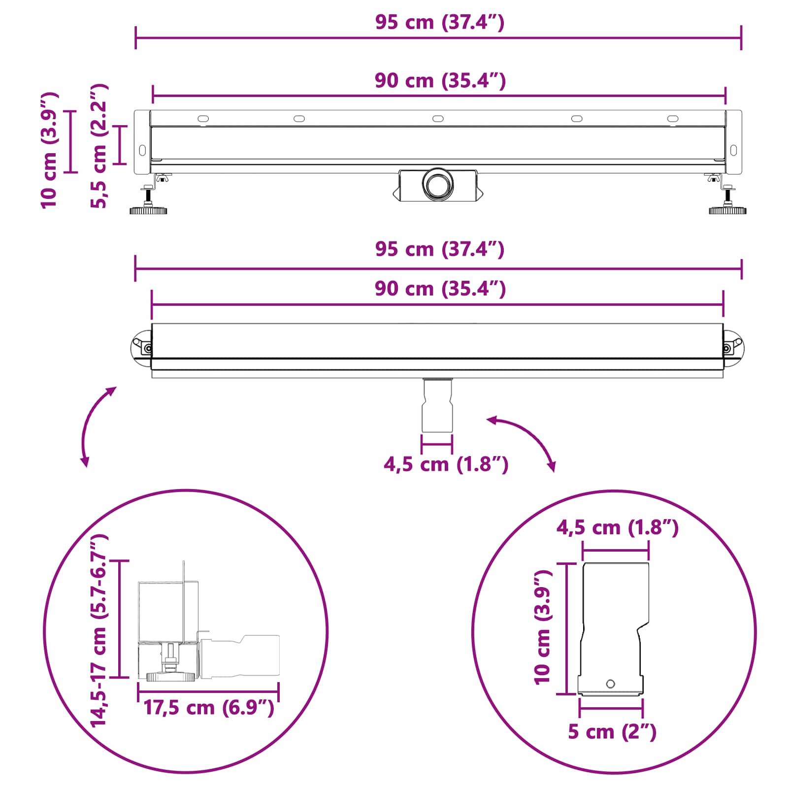 Diagramm mit Abmessungen einer Leuchte: 95 cm breit, 10 cm hoch, 5,5 cm tief. Befestigungshalterung: 4,5 cm breit, 10 cm hoch.