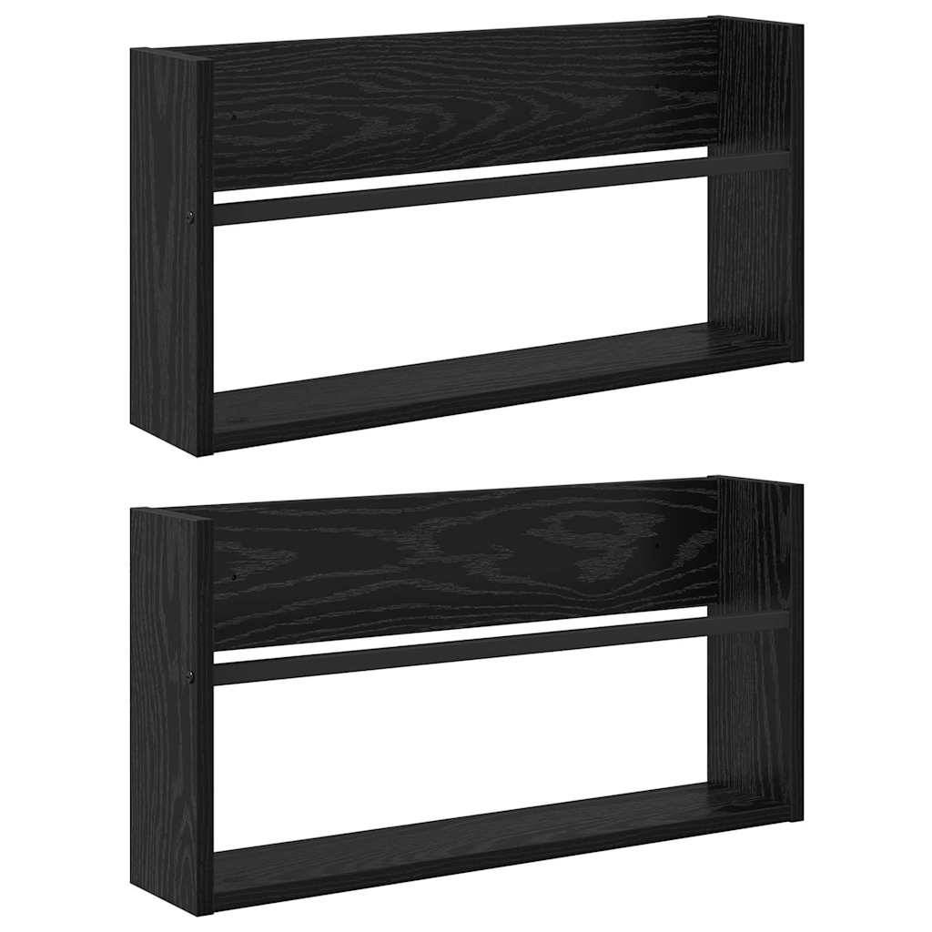 Zwei schwarze Holz-Wandregale mit minimalistischem Design, mit offener Vorderseite und seitlichen Stützen, geeignet zum Aufbewahren von Büchern oder Dekorationsgegenständen.