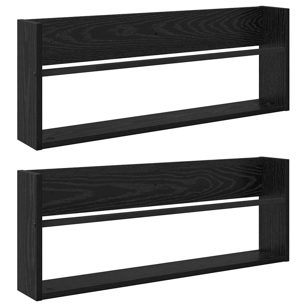 Zwei schwarze, wandmontierte Regale mit minimalistischem Design, charakterisiert durch eine offene rechteckige Form und eine glatte Oberfläche.