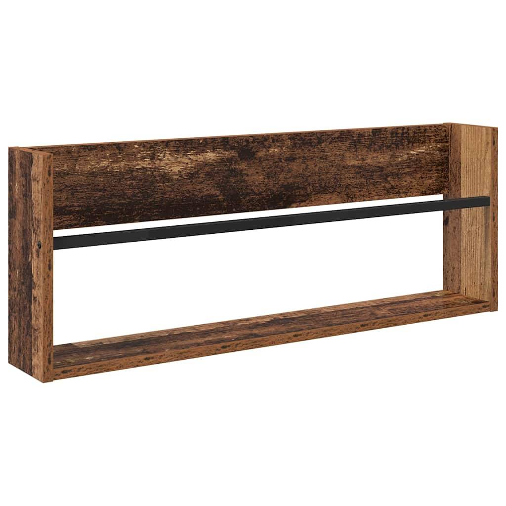 Ein rustikales Holzwandregal mit einer minimalistischen schwarzen Metallstange, das Raum für Aufbewahrung oder Präsentation in einem Wohnumfeld bietet.