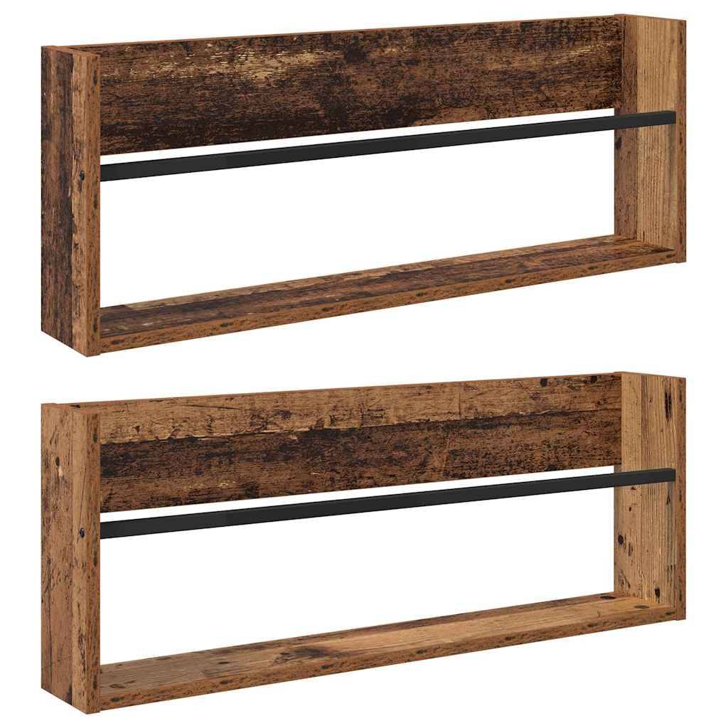Holz-Wandregale mit rustikaler Oberfläche, versehen mit einem horizontalen schwarzen Querbalken an der Vorderseite zum Befestigen von Gegenständen.