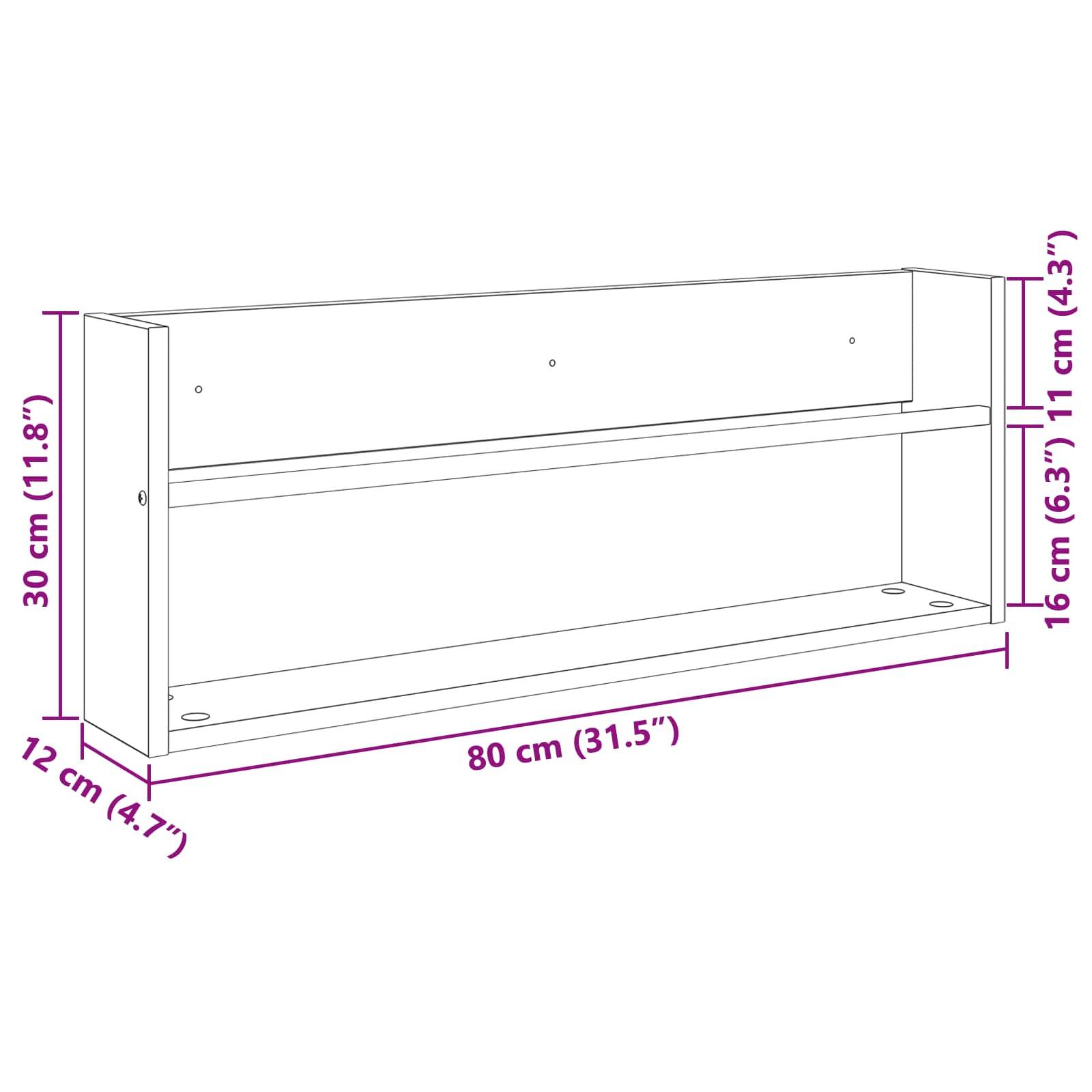 Diagramm einer Wandregalanlage mit einer Breite von 80 cm, einer Höhe von 30 cm und einer Tiefe von 12 cm. Umfasst zwei Regale mit beschrifteten Abmessungen.
