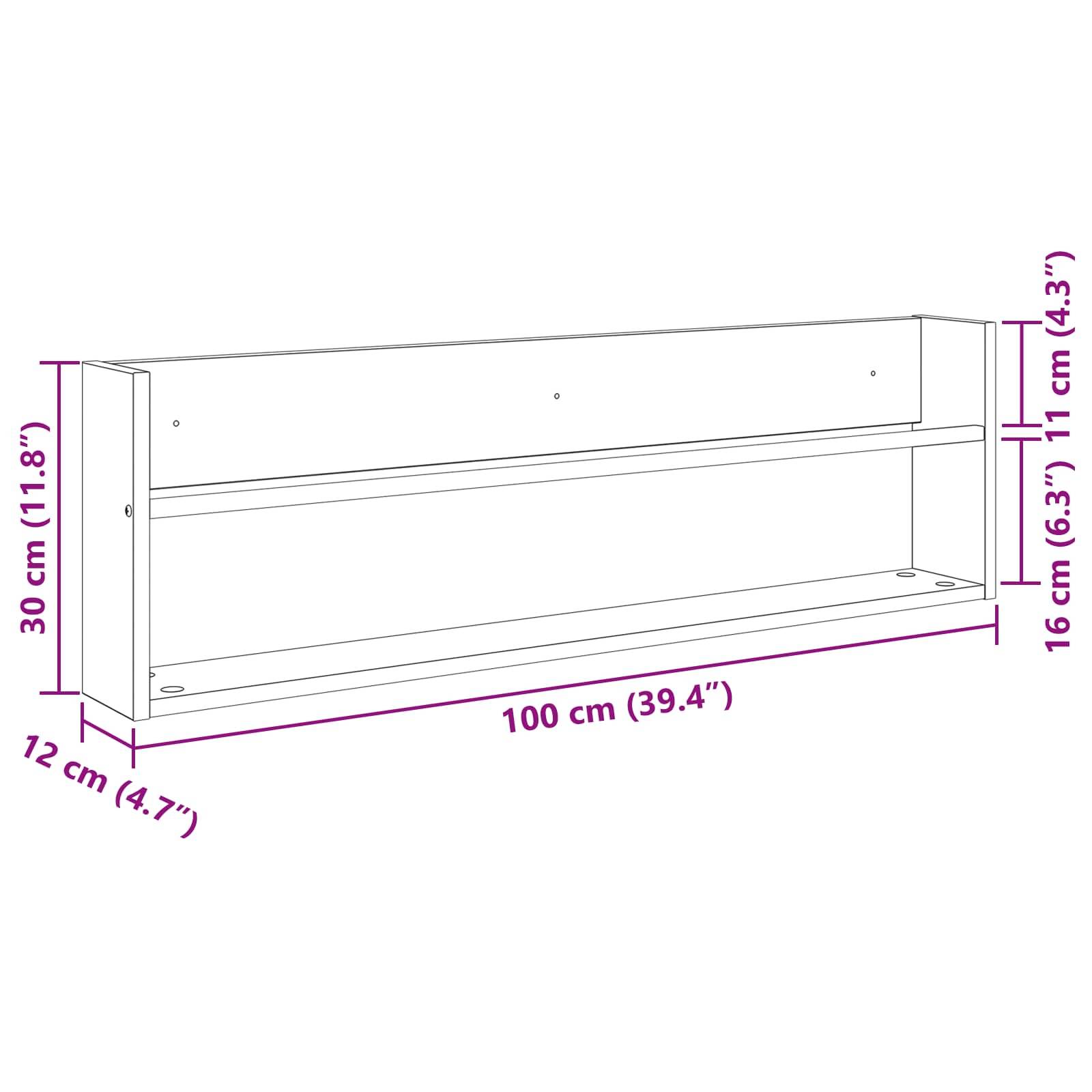 Wandregal-Diagramm mit Maßen: 100 cm (39,4") Breite, 30 cm (11,8"") Höhe, 12 cm (4,7"") Tiefe; innere Regalhöhe 16 cm (6,3"").