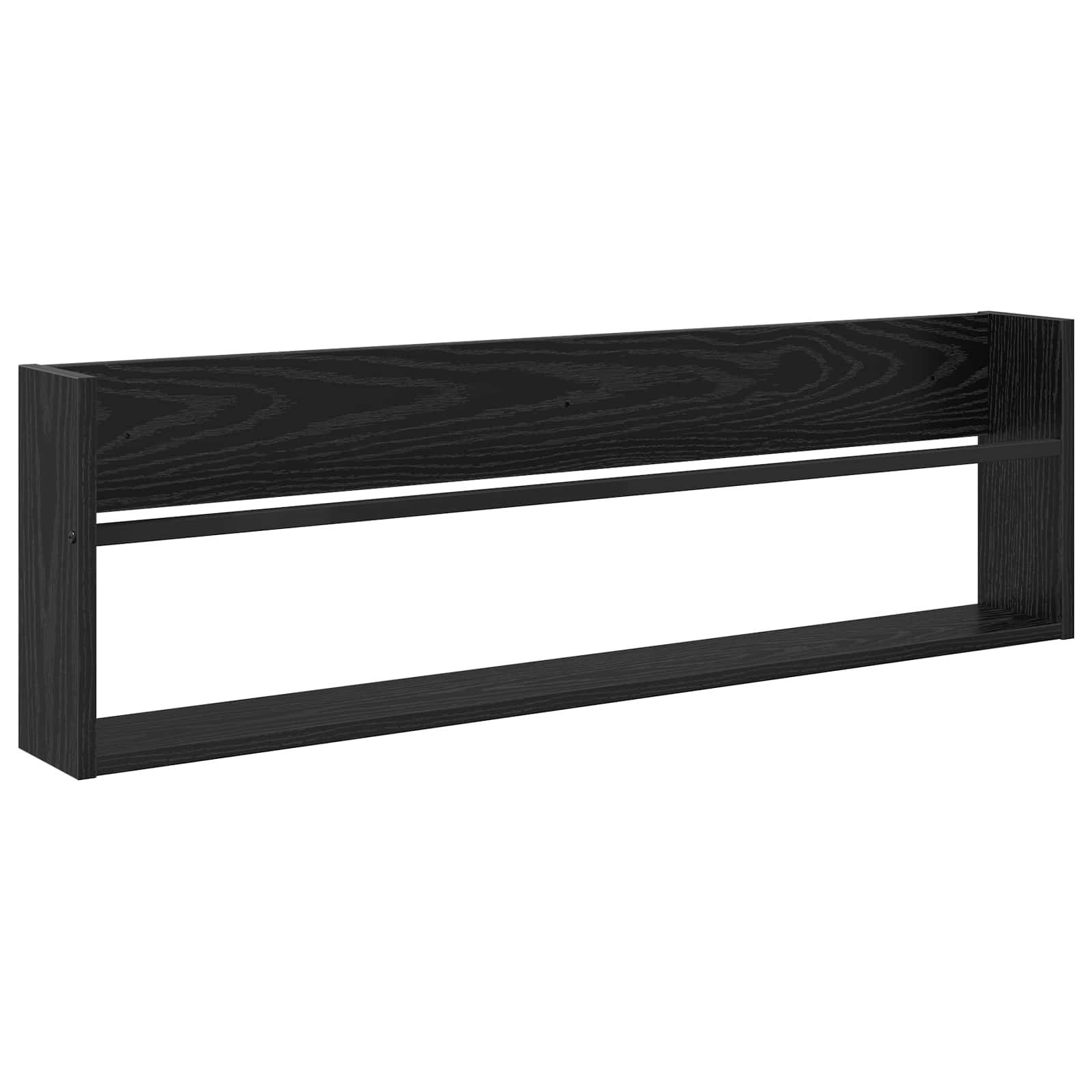 Ein schwarzes schwebendes Wandregal mit einem schlichten rechteckigen Design. Verfügt über eine sichtbare Holzmaserungstextur und eignet sich zur Aufbewahrung oder Präsentation.