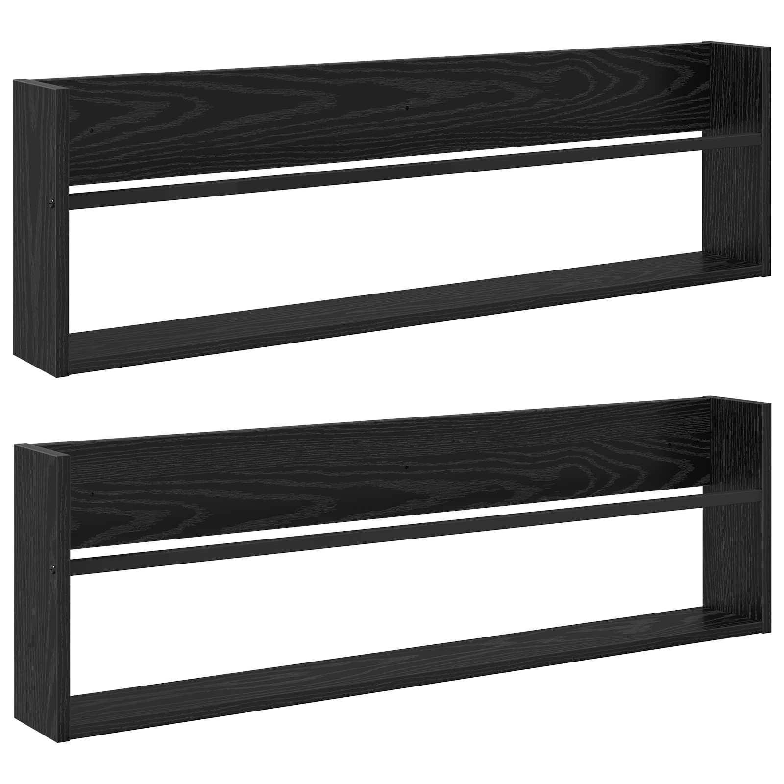 Zwei schwarze, rechteckige Holzregale mit einfachen, offenen Frontdesigns sind an einer weißen Wand montiert.