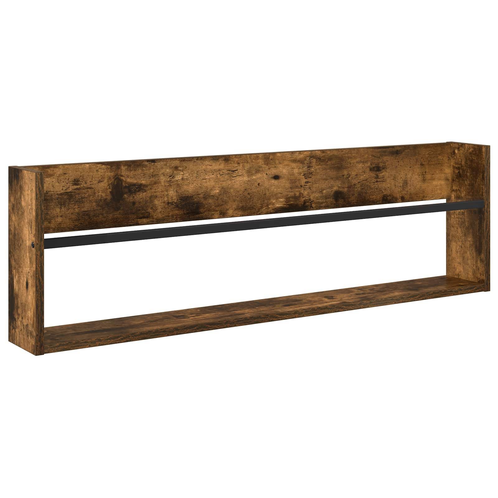 Ein rustikales Holz-Wandregal mit einer schwarzen Metallstange in der Mitte, geeignet zum Präsentieren von Gegenständen oder zur Raumorganisation.