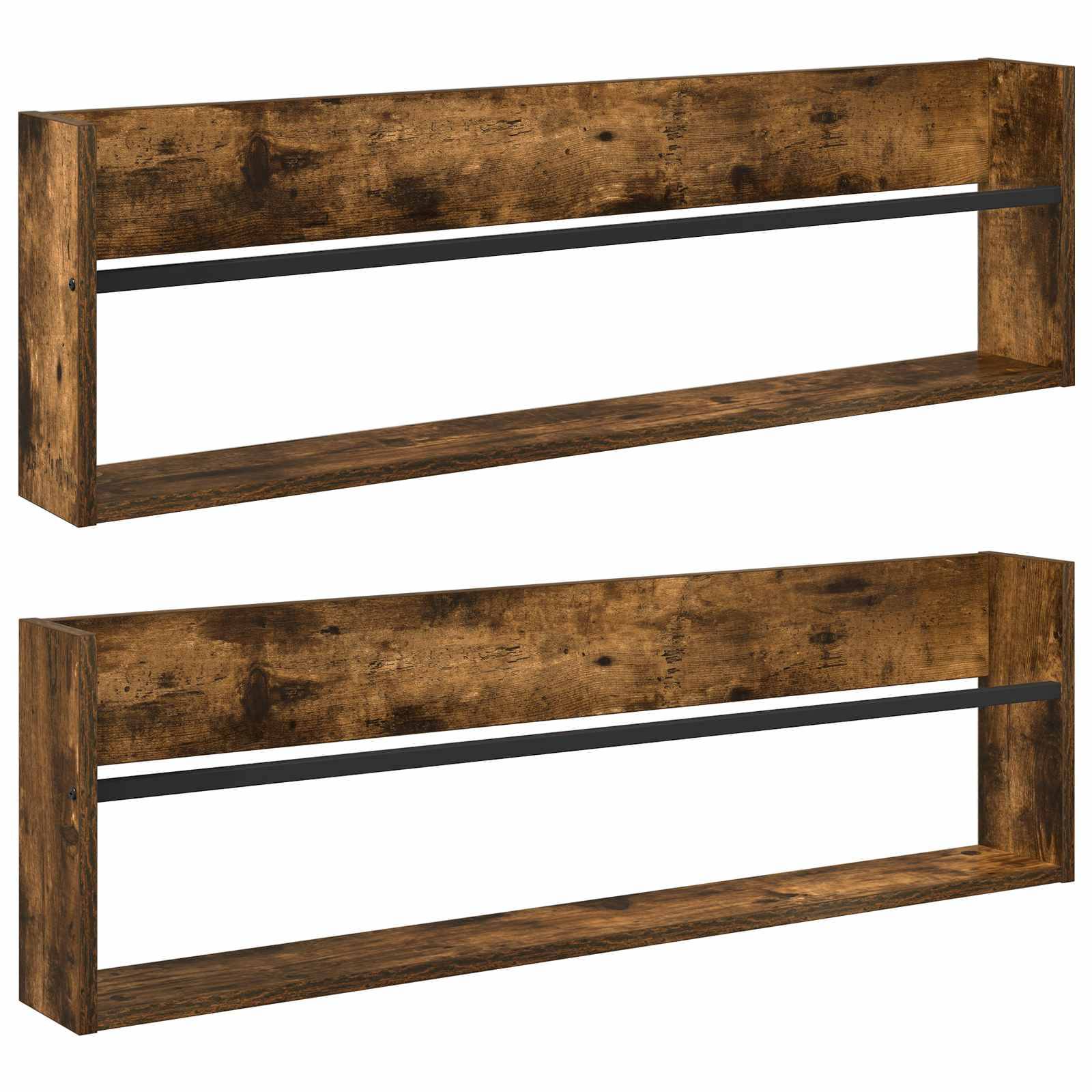 Zwei rustikale Holzwandregale mit einer dunklen Metallstange, ideal zur Aufbewahrung oder zum Präsentieren.