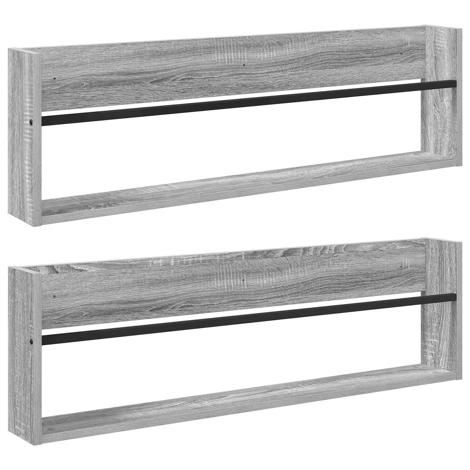 Zwei wandmontierte, rechteckige graue Holzregale mit schwarzen Halterungsstangen, im minimalistischen Stil vor einem weißen Hintergrund dargestellt.