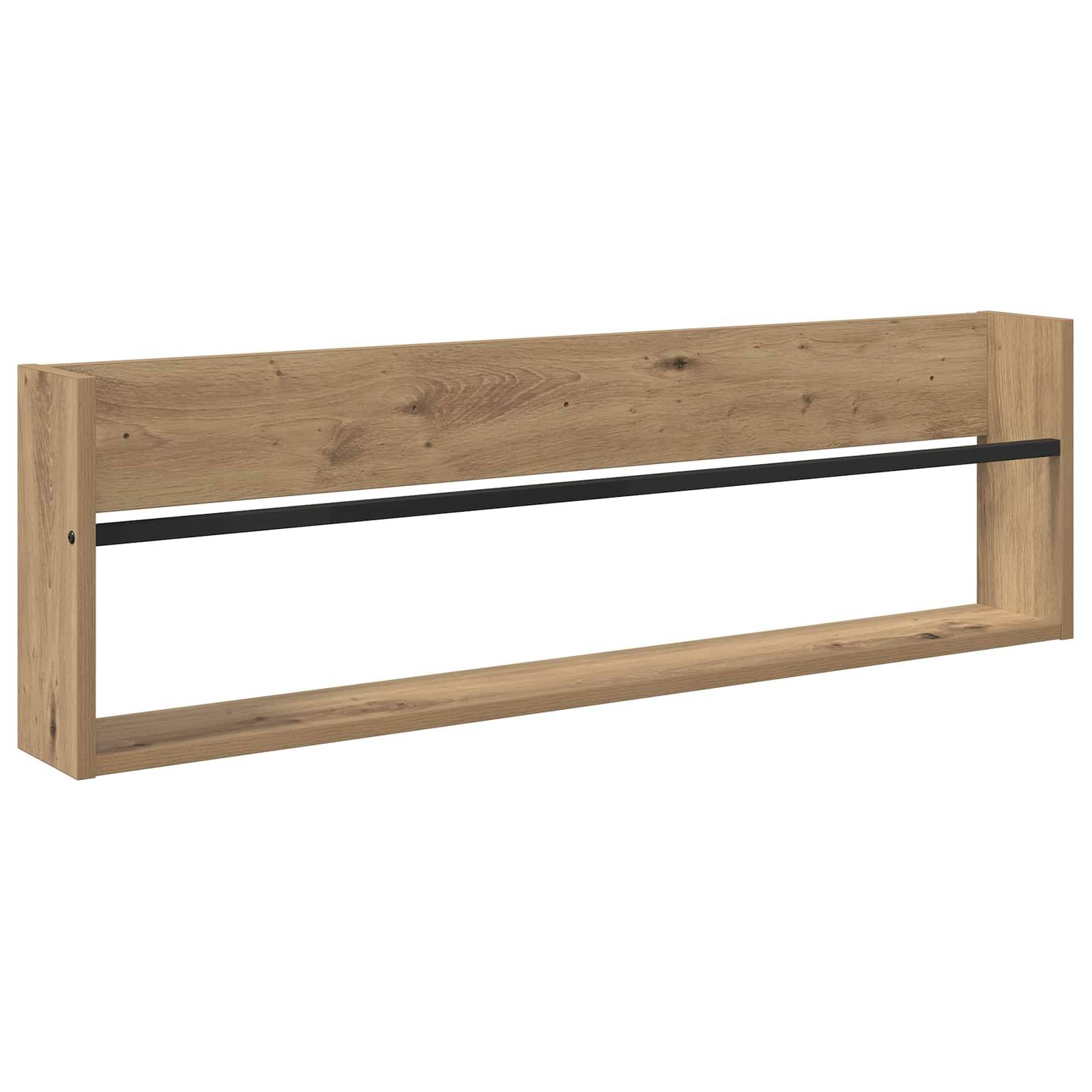 Ein rechteckiges Holzwandregal mit einer schwarzen Metallstange quer in der Mitte, konzipiert für Aufbewahrung oder Präsentation.