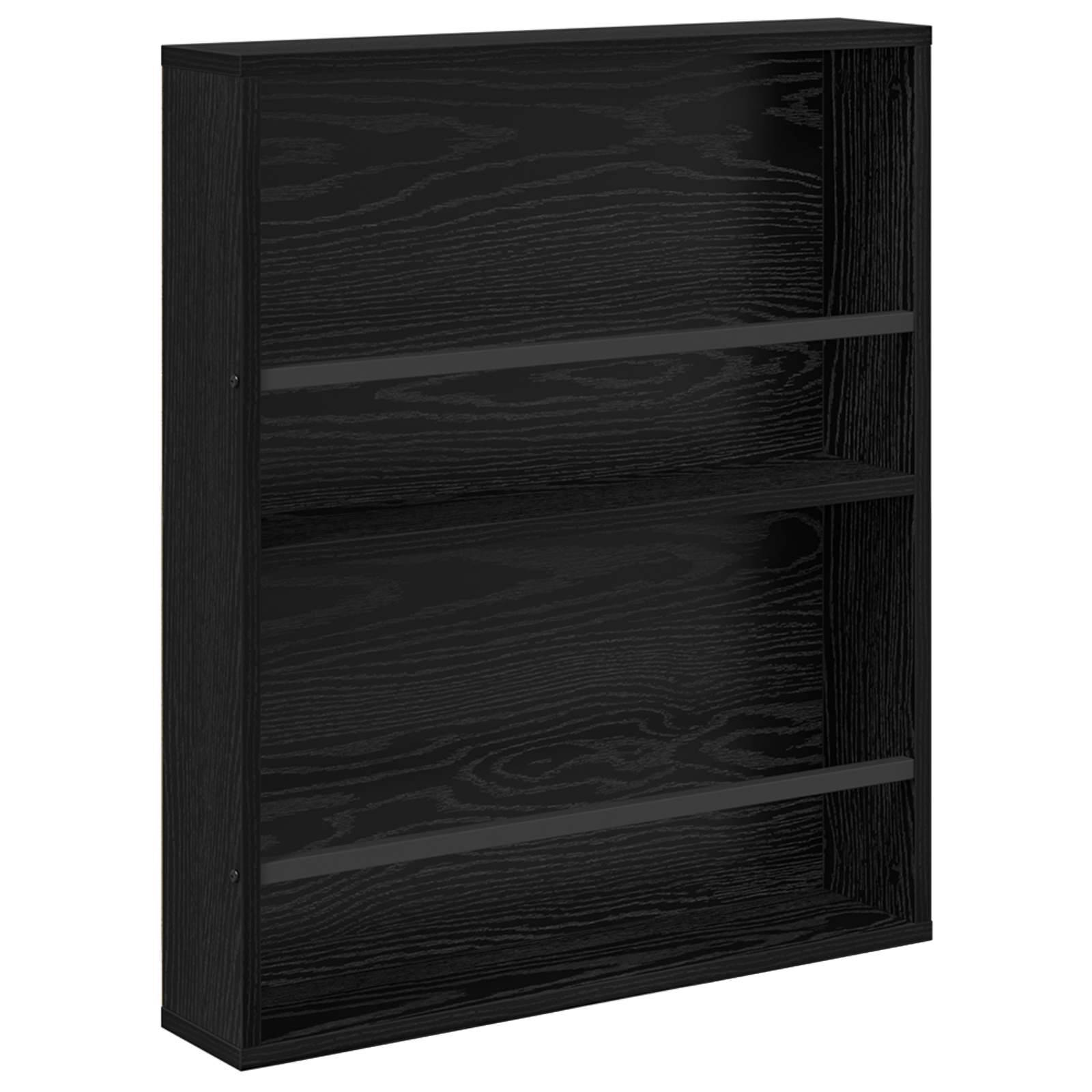 Ein schwarzes Bücherregal mit Holzmaserung und drei Ablagen, leer und von vorne zu sehen, geeignet zum Organisieren von Büchern oder zum Präsentieren von Dekogegenständen.