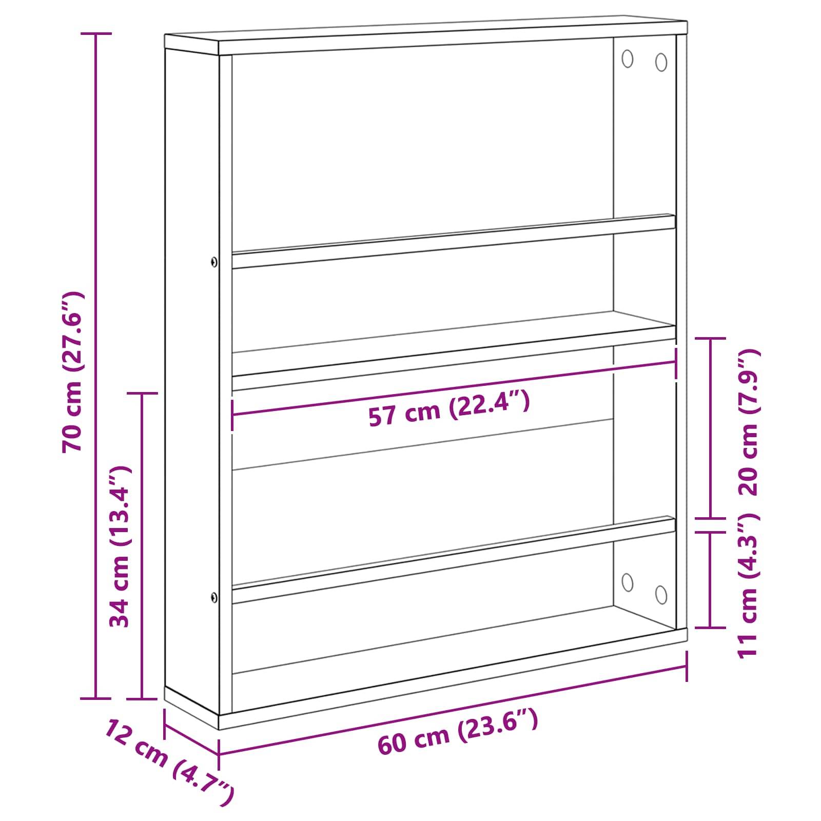 Eine Skizze eines Bücherregals mit drei Regalen, bei der die Abmessungen beschriftet sind: Höhe 70 cm, Breite 60 cm, Tiefe 12 cm. Jedes Regal ist 57 cm breit.