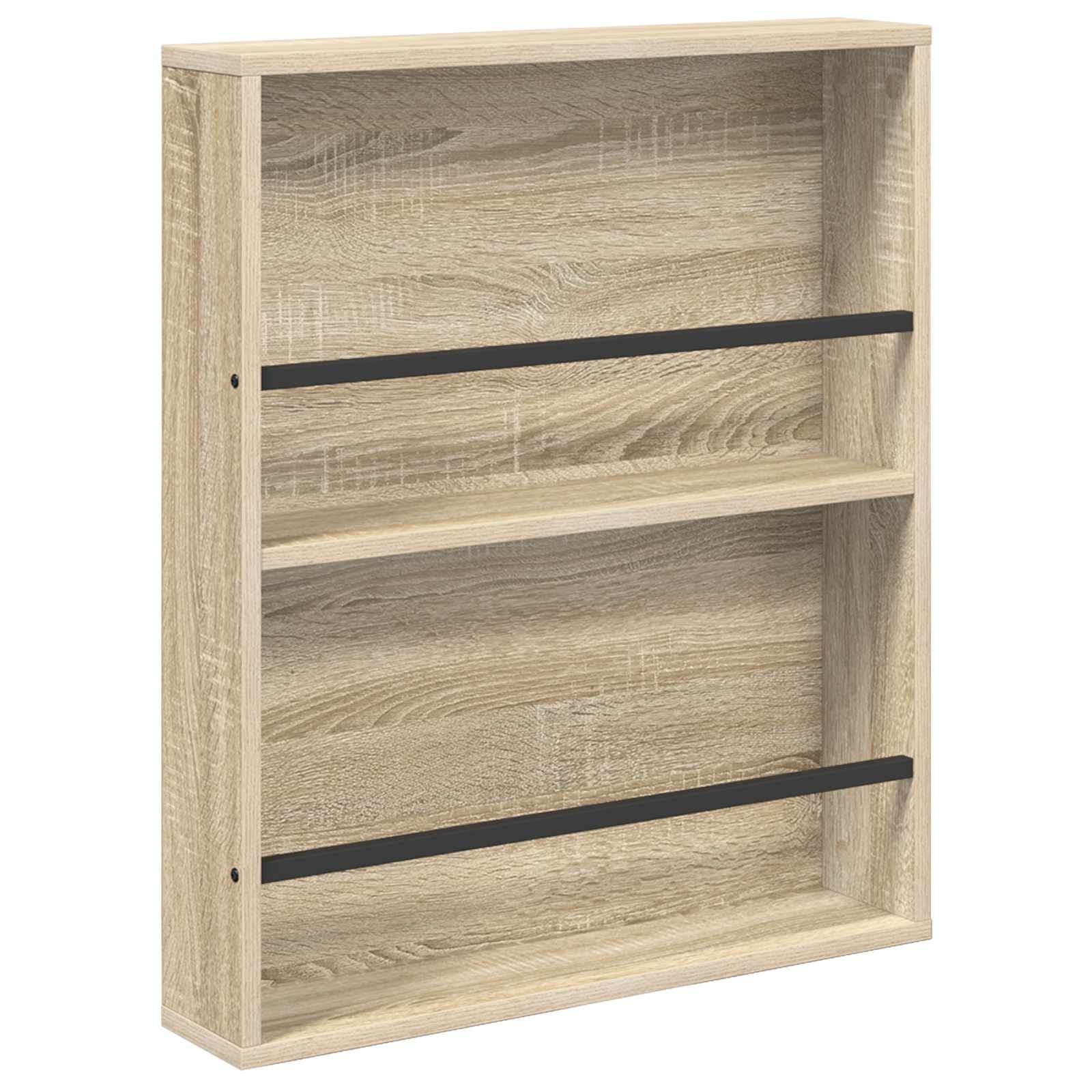 Breites Holz-Wandregal mit zwei Ebenen und dunklen horizontalen Stützen, konzipiert zum Organisieren und Präsentieren von Gegenständen.