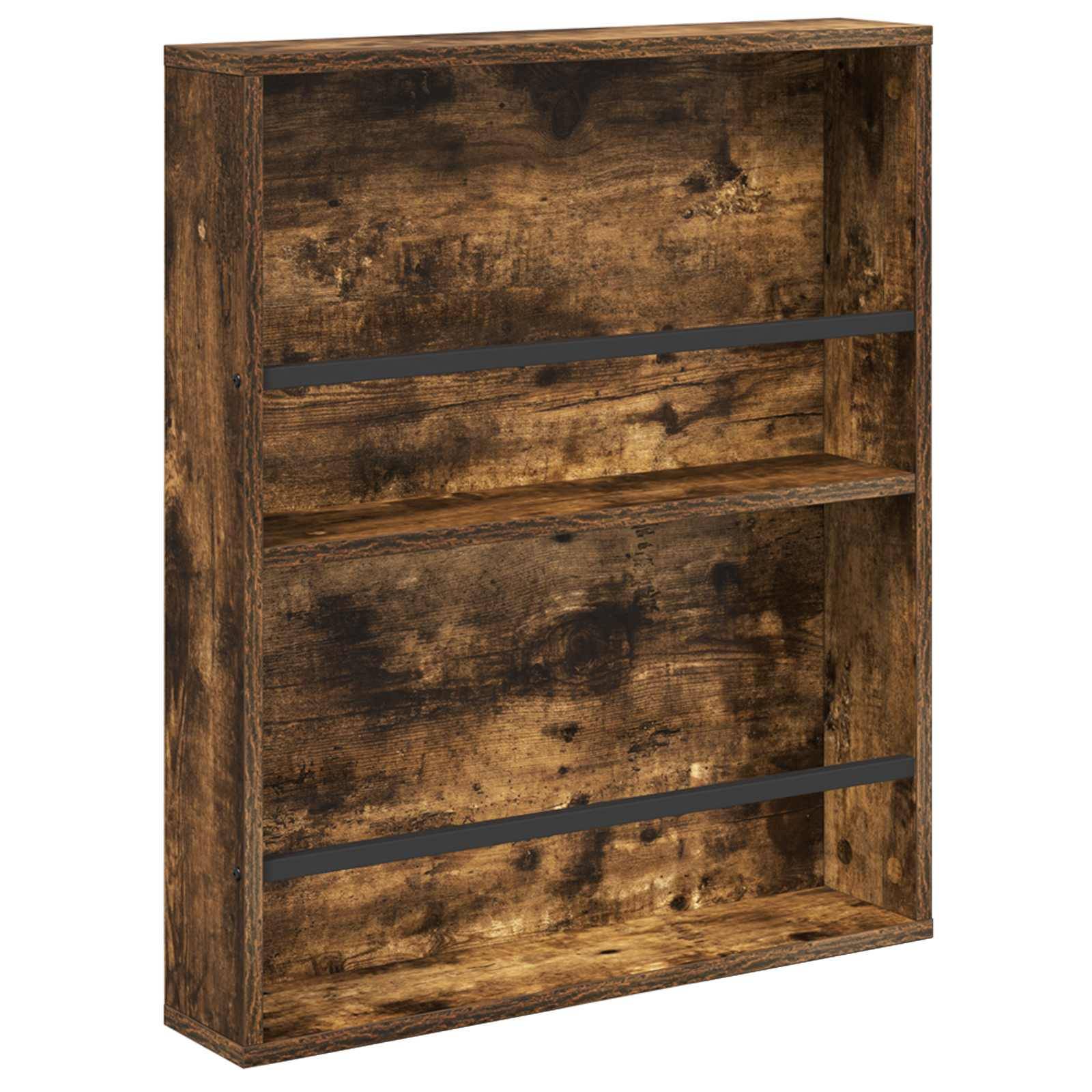 Ein rustikales Wandregal aus Holz mit zwei Stauraumfächern und schwarzen Metallstützen, das eine abgenutzte Holzoberfläche aufweist.