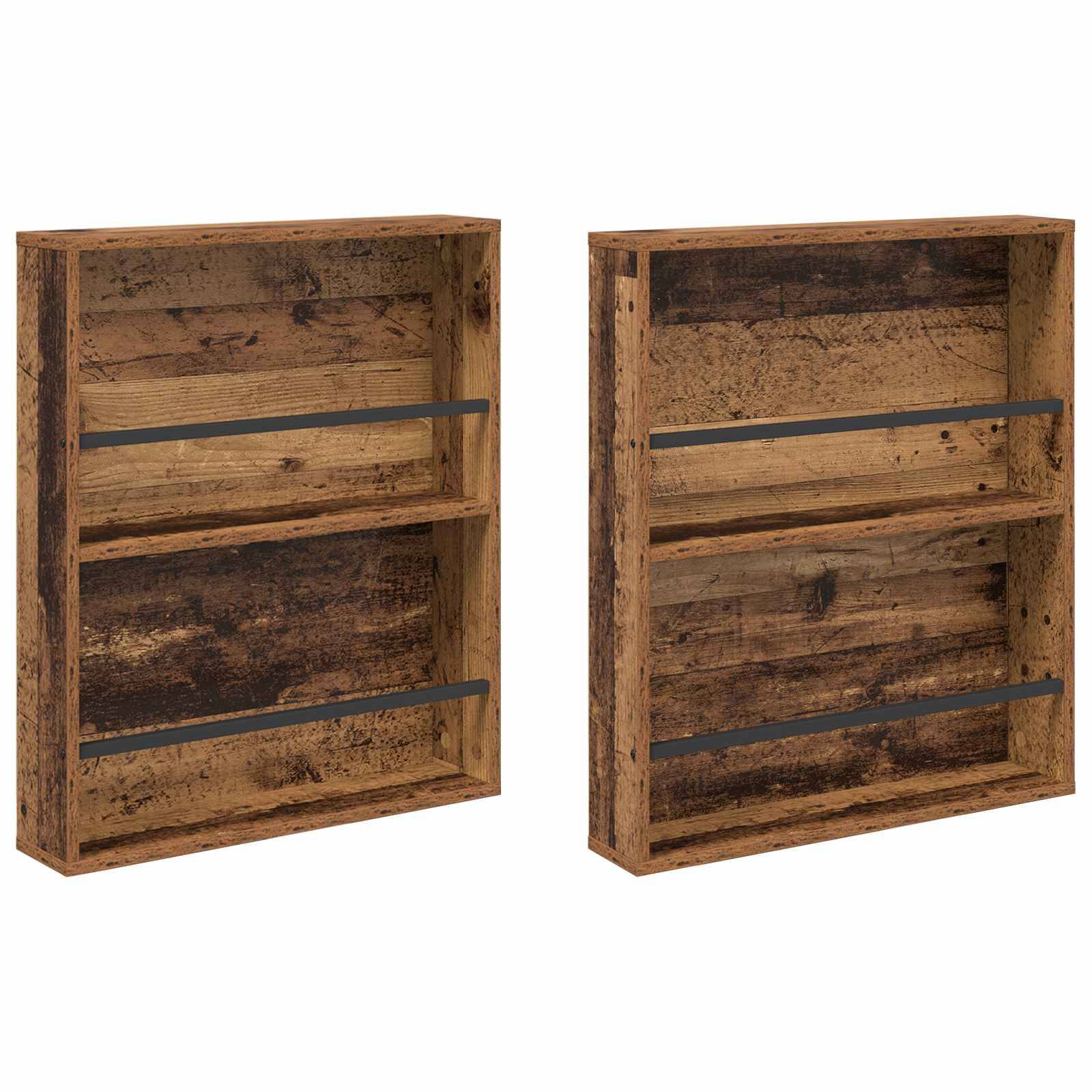 Zwei rustikale Holzwandregale mit Metallstangen, die einen verwitterten Holzlook aufweisen und ideal zum Aufbewahren von kleinen Gegenständen oder Dekorationselementen geeignet sind.