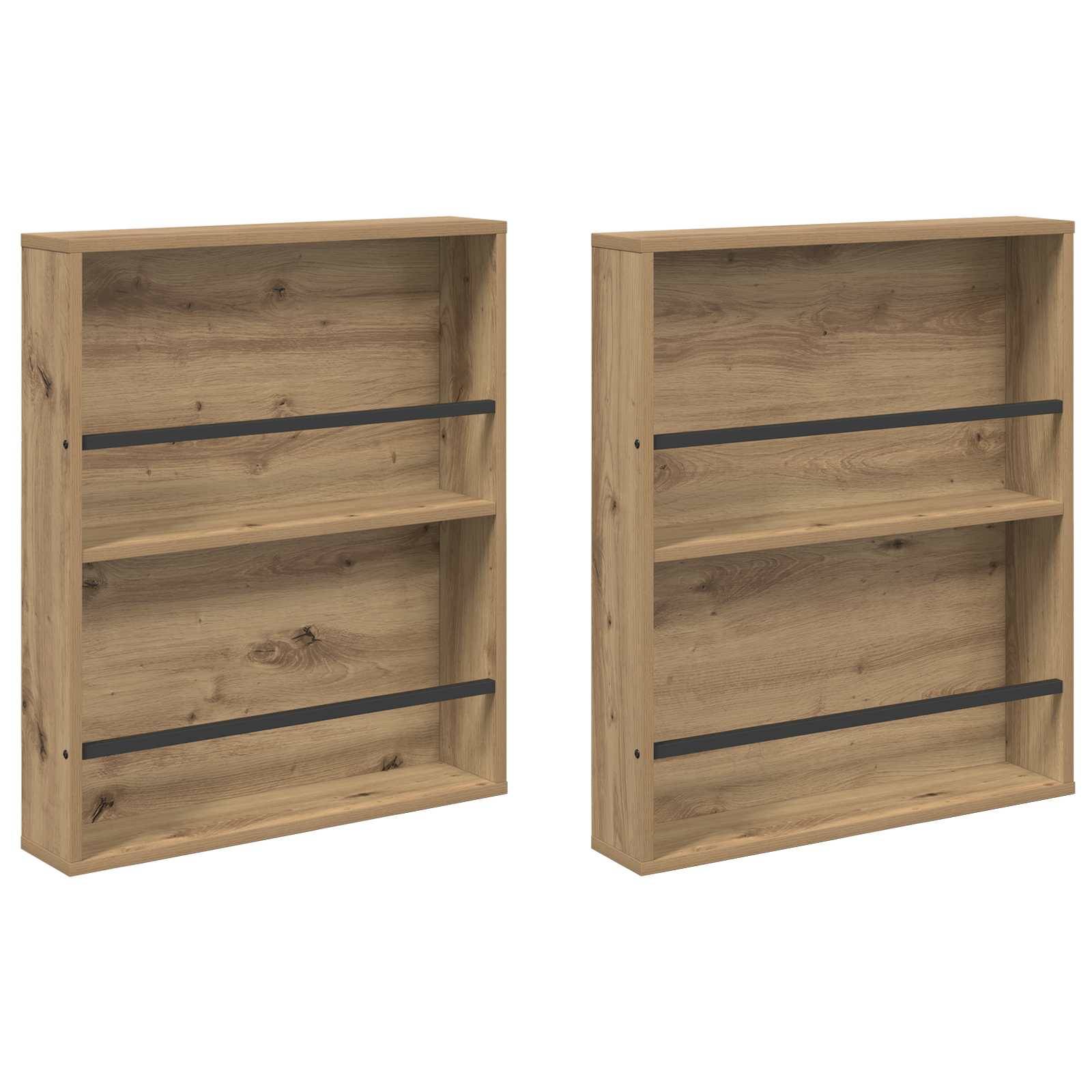 Zwei Wandregale aus Holz, jeweils mit zwei Fächern und schwarzen Metallhalterungen, geeignet für Bücher oder Dekorationsgegenstände.