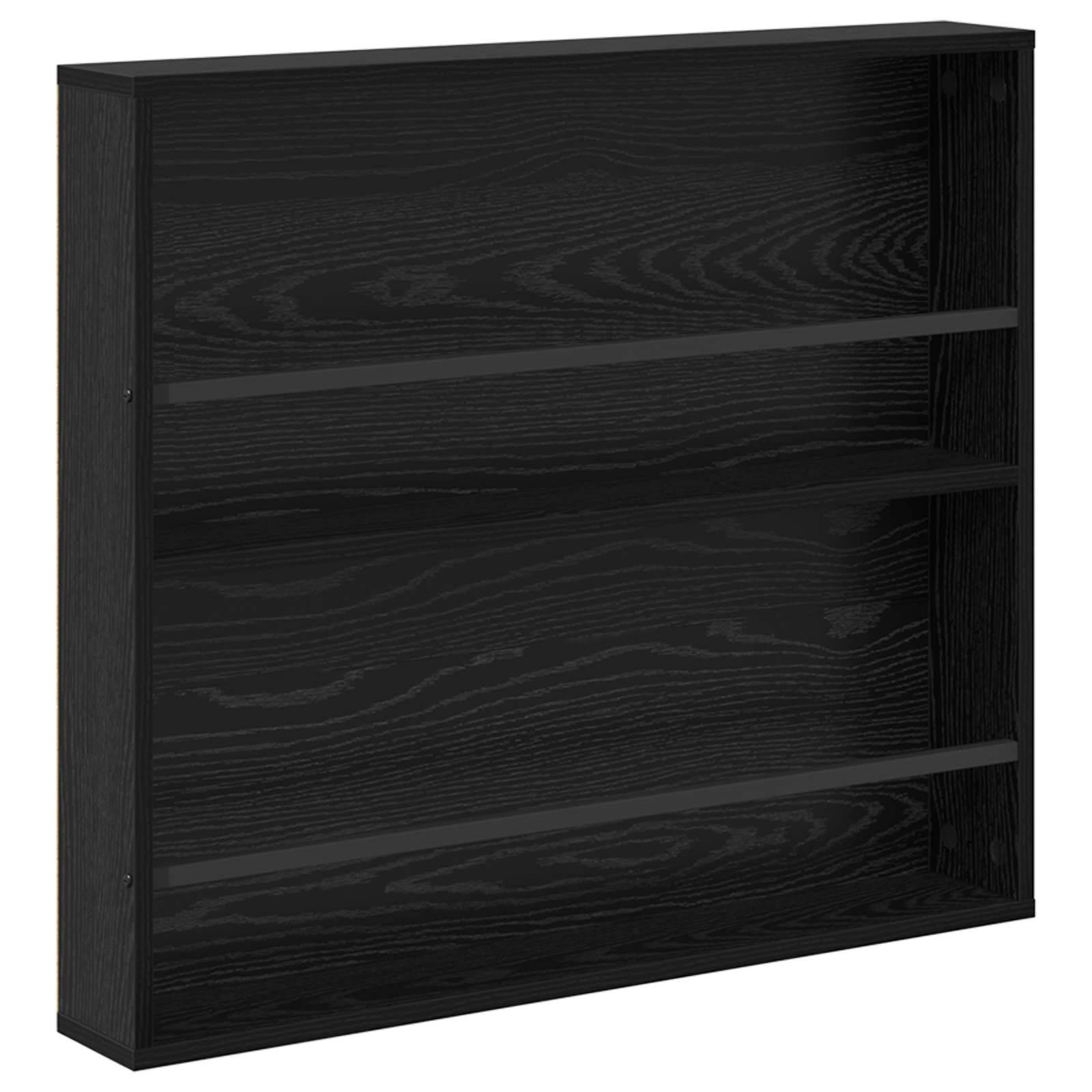 Ein schwarzes Holz-Bücherregal mit drei gleichmäßig angeordneten Regalen, geeignet zum Aufbewahren von Büchern oder dekorativen Gegenständen.