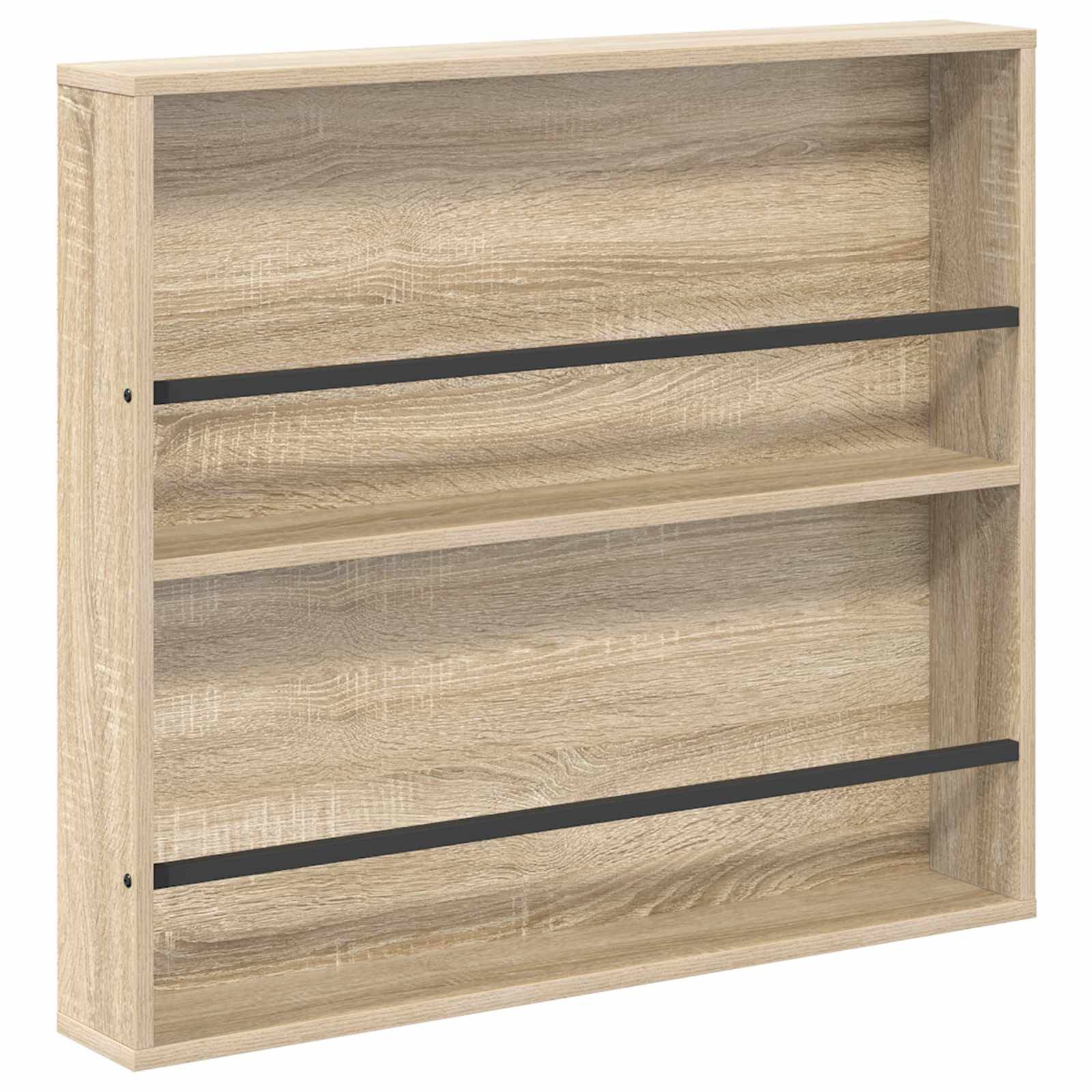 Wandregal aus Holz mit zwei Ebenen und schwarzen Stützen. Geeignet zum Aufbewahren oder Präsentieren von Gegenständen. Helle Holzoberfläche.