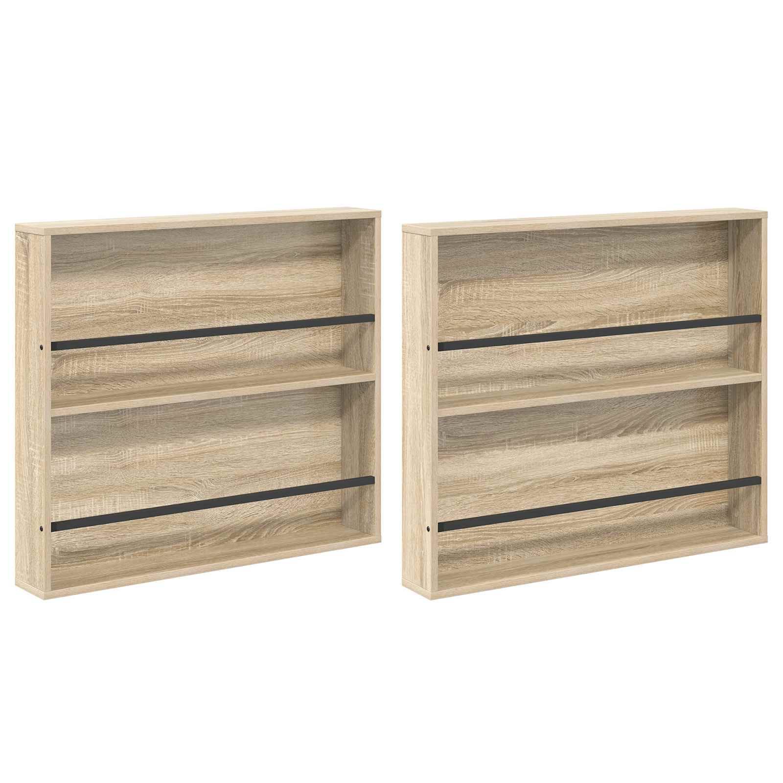 Zwei Holz-Wandregale mit je zwei horizontalen Streben, konzipiert zum Aufbewahren von Büchern oder kleinen Gegenständen.