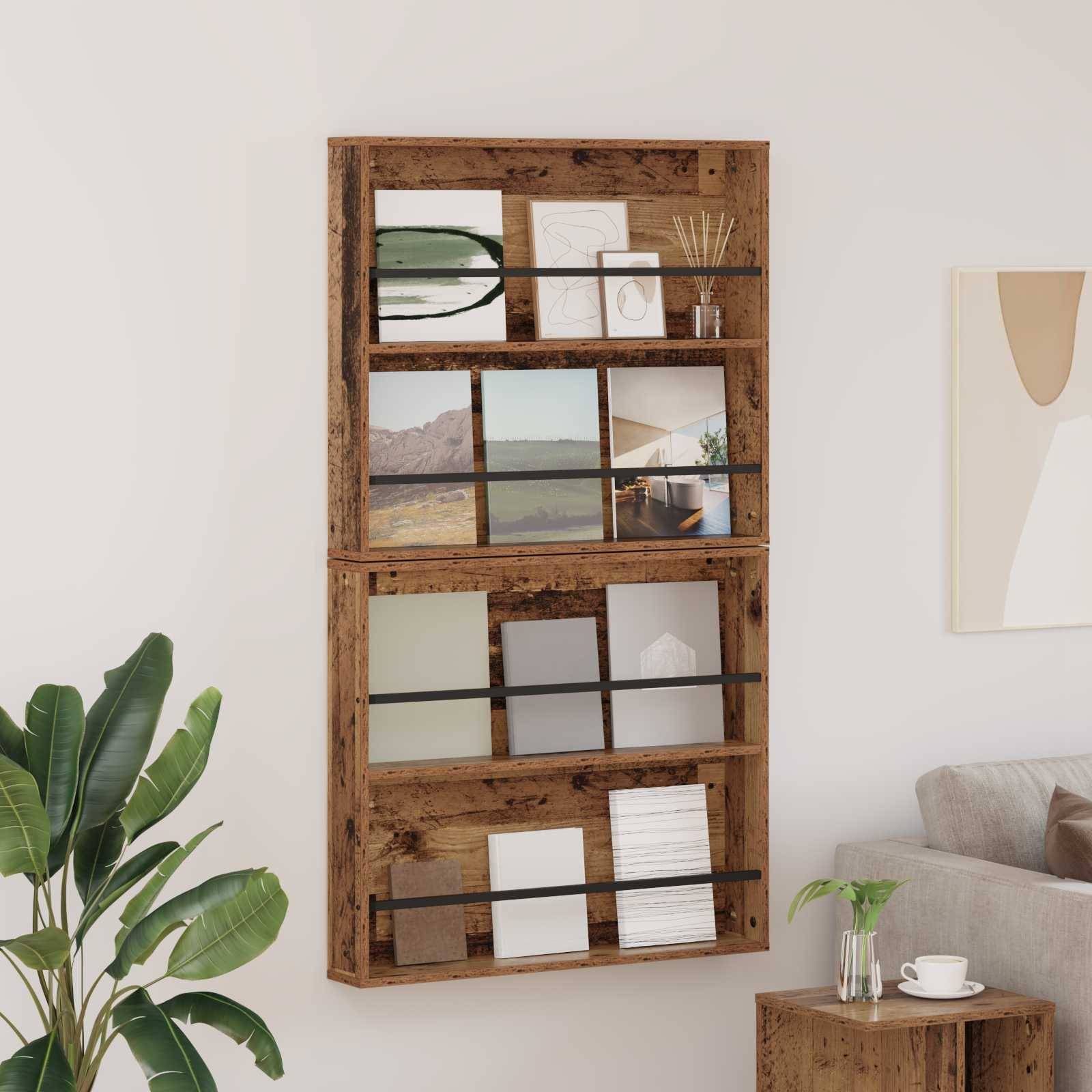 Holz-Wandregal zur Präsentation von Kunst und Büchern, neben einer Pflanze.