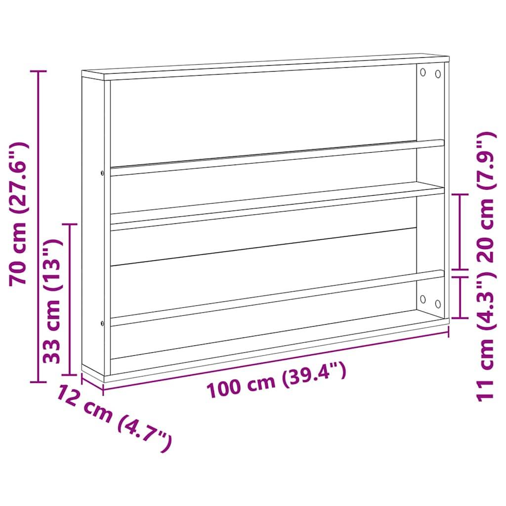Eine schematische Zeichnung eines Dreifach-Regals mit folgenden Abmessungen: Höhe 33 cm (13