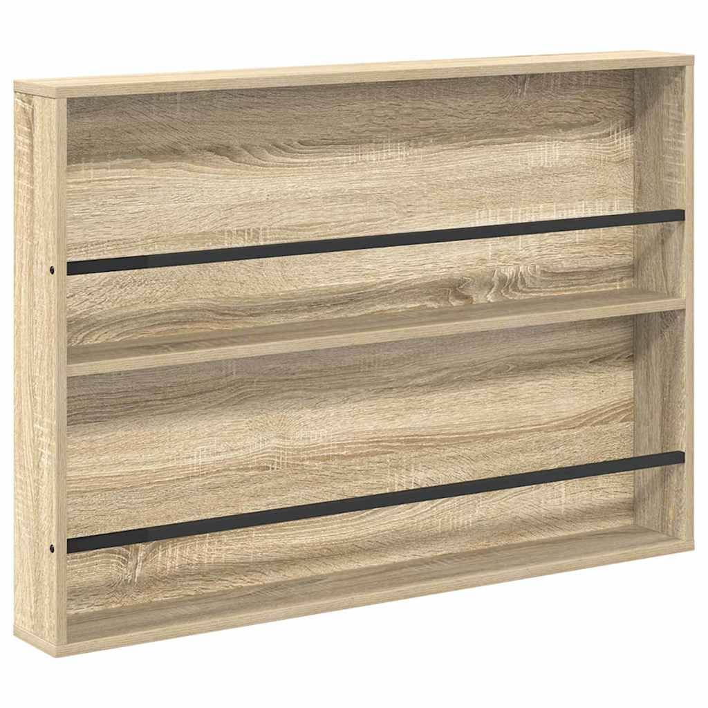 Wandregal aus Holz mit zwei horizontalen schwarzen Leisten, mit natürlicher Holzmaserung. Geeignet für die Präsentation von Büchern oder Dekorationselementen.