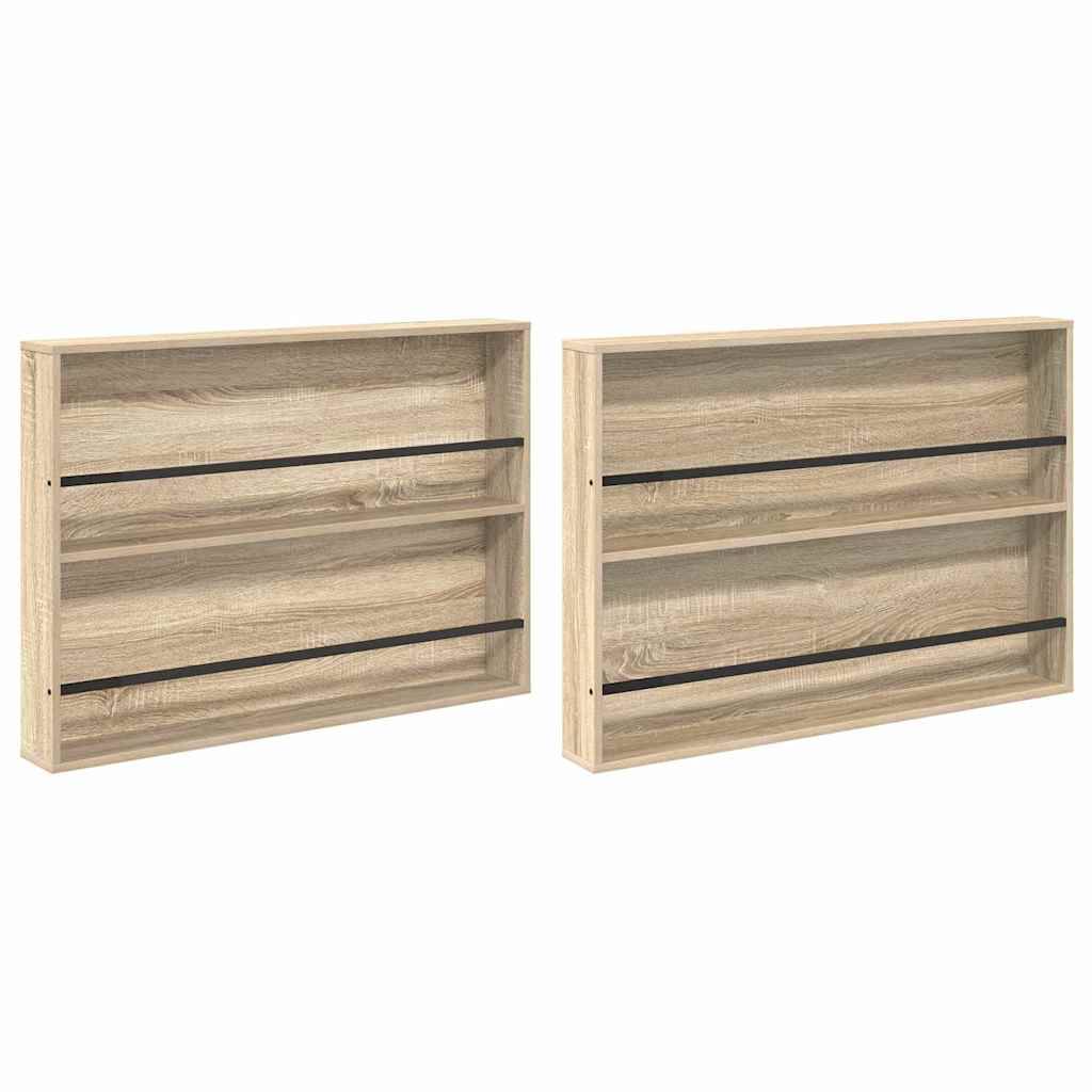 Zwei Holz-Wandregale mit jeweils drei horizontalen Fächern, versehen mit schwarzen Metallstützen an der Vorderseite.