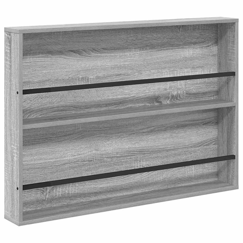 Dreistufiges graues Holzregal mit schwarzen Streben, für die Wandmontage konzipiert.