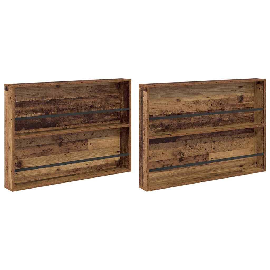 „Zwei wandmontierte Holzregale mit rustikaler Oberfläche, wobei jedes Regal zwei Fächer zur Aufbewahrung oder Präsentation hat.