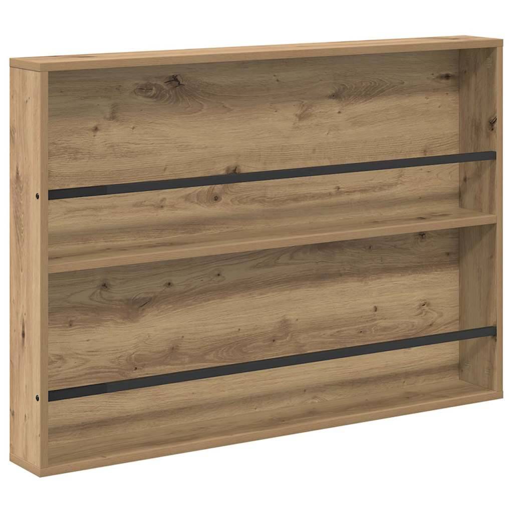 Holz-Wandbücherregal mit zwei Regalen und schwarzen horizontalen Stangen. Geeignet zum Präsentieren von Büchern oder Dekorationselementen.